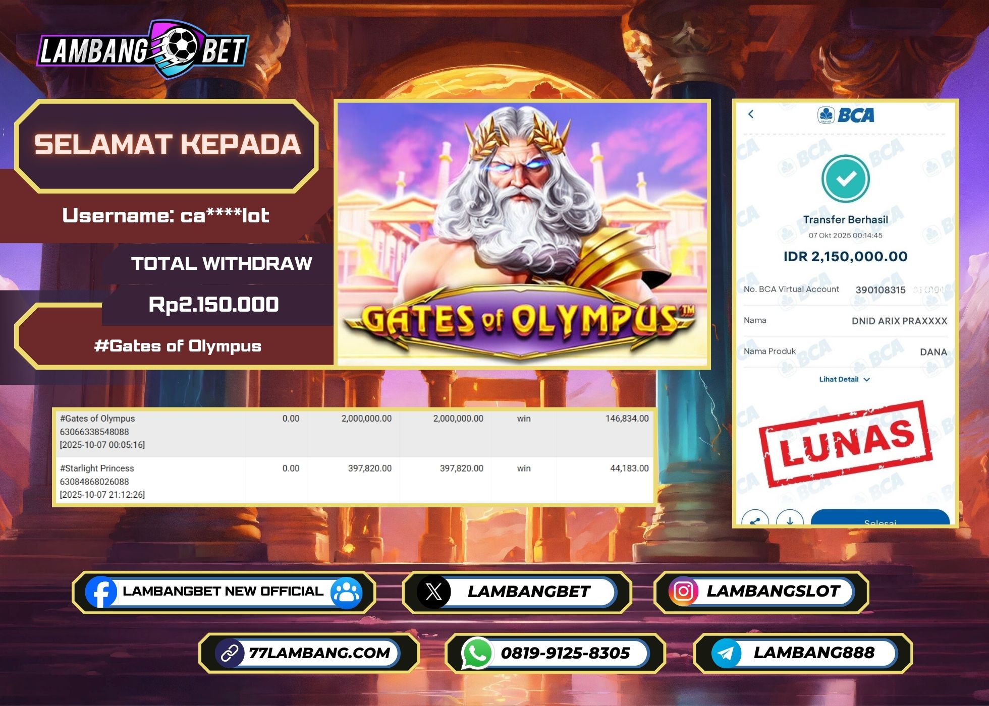 LAMBANGBET [7 OKTOBER 2025] JACKPOT SLOT Gates of Olympus "Rp2.150.000" LUNAS